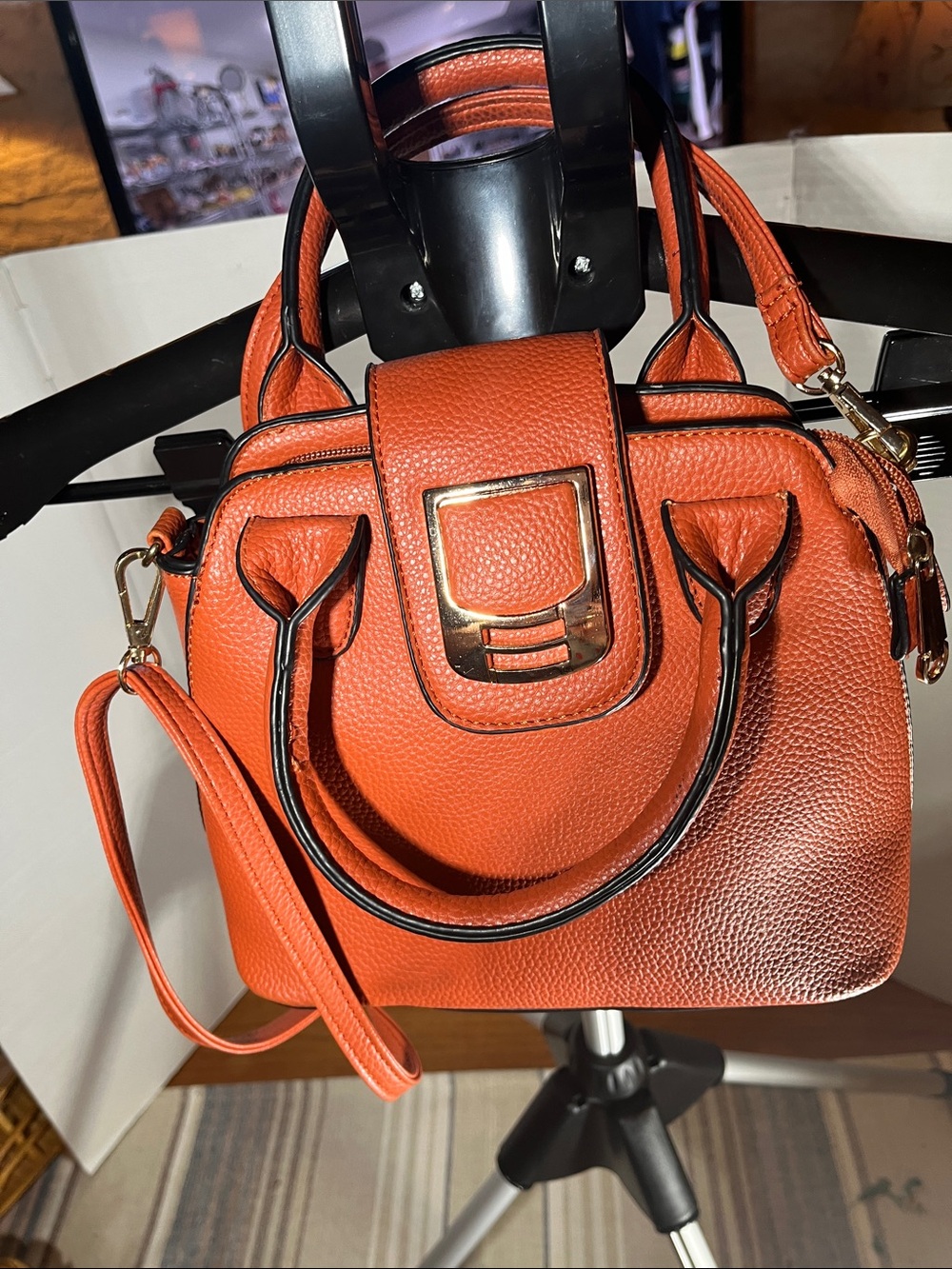 Stylish Women's Orange Satchel Handbag with Gold Accents
